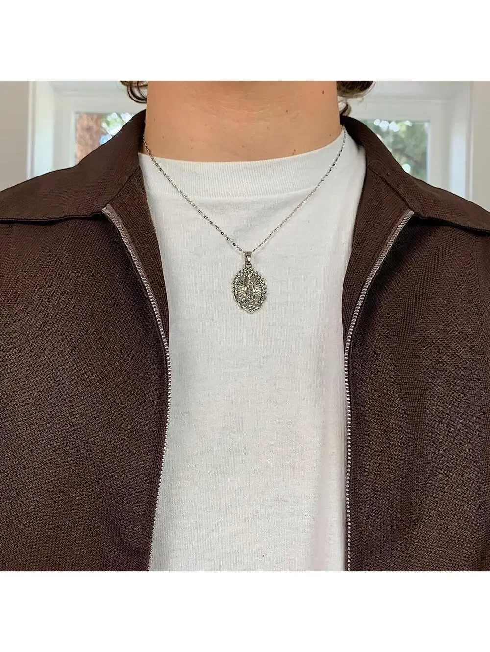 Silver Saint Marry rhinestone pendant y2k 90s style necklace chain. Grunge punk